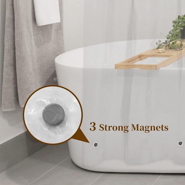 Duschdraperifoder i plast, transparent, premium PEVA duschdraperifoder, med ring i rostfritt stål och 3 magneter, vattentätt, sött, (transparent