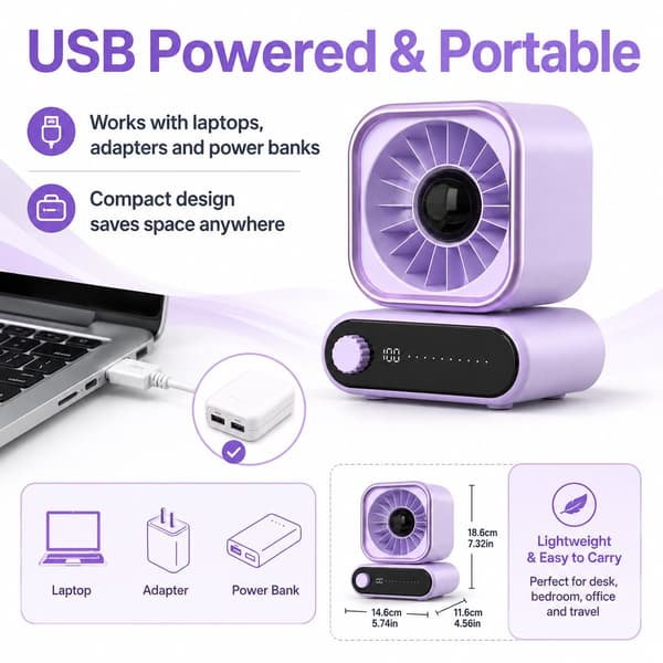 USB mini skrivbordsfläkt, automatisk oscillation, kompakt och bärbar, lämplig för kontor, sovrum och studierum.