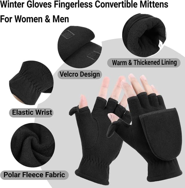 Dobbeltsidede fingerløse touchscreen termohandsker (1 par), størrelse S, håndbredde 7-8 cm, fleece, sort.