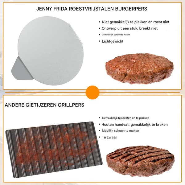 Manuel hamburgerpresse i rustfrit stål, non-stick til presning af kødfyld og bacon.