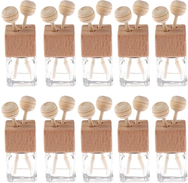 10-pack 8 ml Klar ss Bil Luftfräschare med Klämma och Diffuser Tomma Eterisk Olja Parfymflaskor och Diffuser Ventil Tjock ss Ornament med Trä