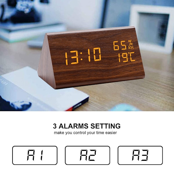 LED-hygrometer väckarklocka, träklocka i triangelform, elektronisk digital klocka, trähygrometer
