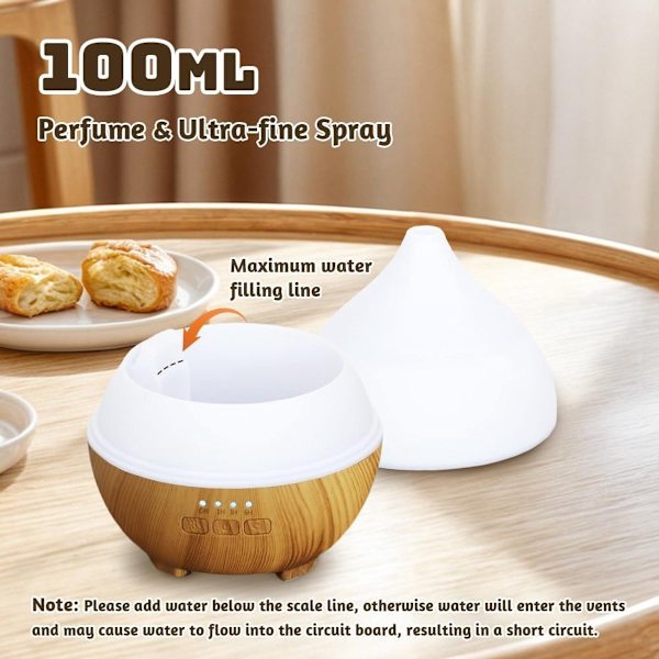 Aroma Diffuser, 100 ml, Ultralyd Luftfugter, Aromaterapi, Oliediffuser, Æterisk Oliediffuser med 7-farvet LED-lys og Automatisk Sluk-funktion