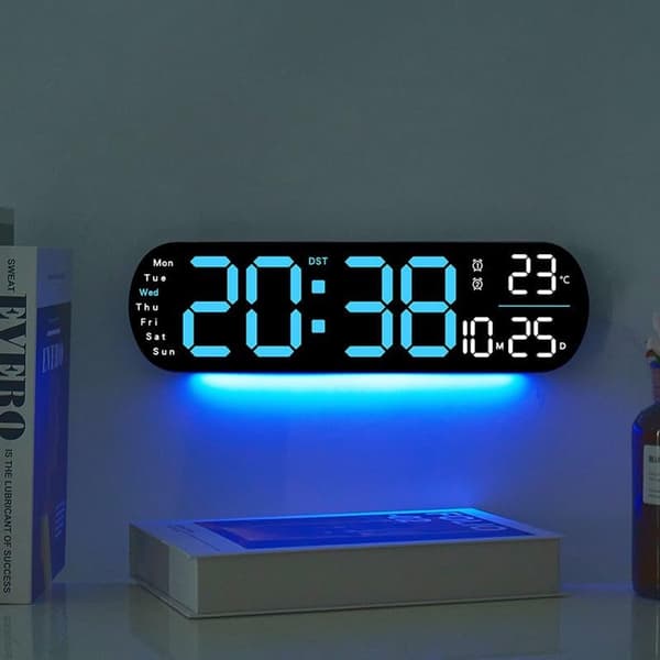 Stor Digital Väggklocka, LED Väckarklocka med Stor Display och Andningsljus/Datum/Dag/Temperatur/Timer för Hem, Sovrum, Kök