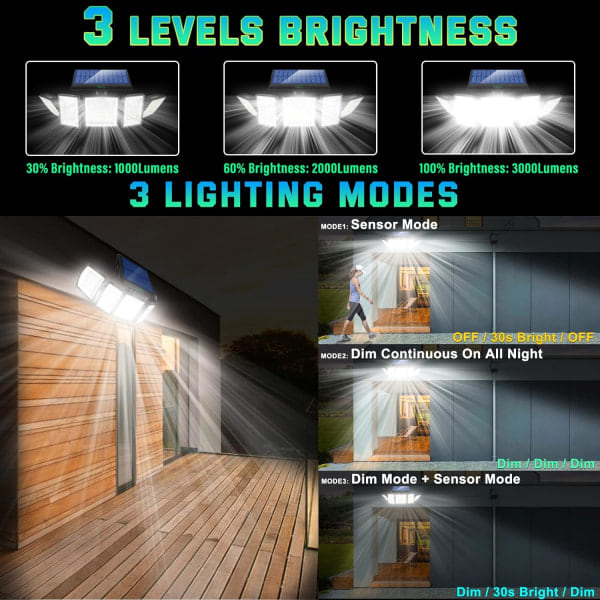 Solcellslampor utomhus vattentät rörelsesensor 300 LED superljus 3 ljusstyrka 3 lägen 360° belysning 32 fot - 1 förpackning