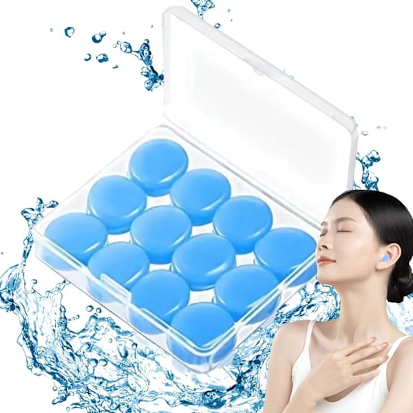 Waterproof Silicone Earplugs for Swimming & Sleeping, 12 Pieces Reusable Earplugs - Blue