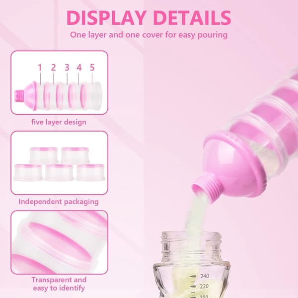 2-pakning formeldispenser, 5-lags formeldispenser, formelbeholder og stablebar for utendørs bruk og amming om natten (rosa)