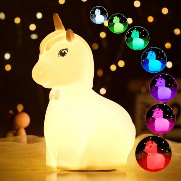 LED Nattlampa Unicorn Silikon Nattlampa Baby, 7 färger DimmableTouch, Dimbar, Krankontroll, RGB-färger säkra för barn, Flerfärgat ljus