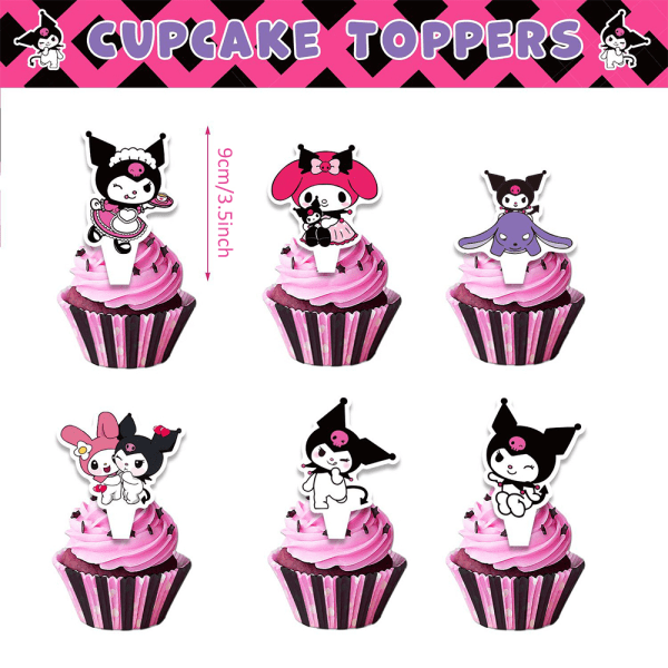 Kuromi-teemainen syntymäpäiväbanneri, ilmapallot, kakku ja cupcake-koristeet