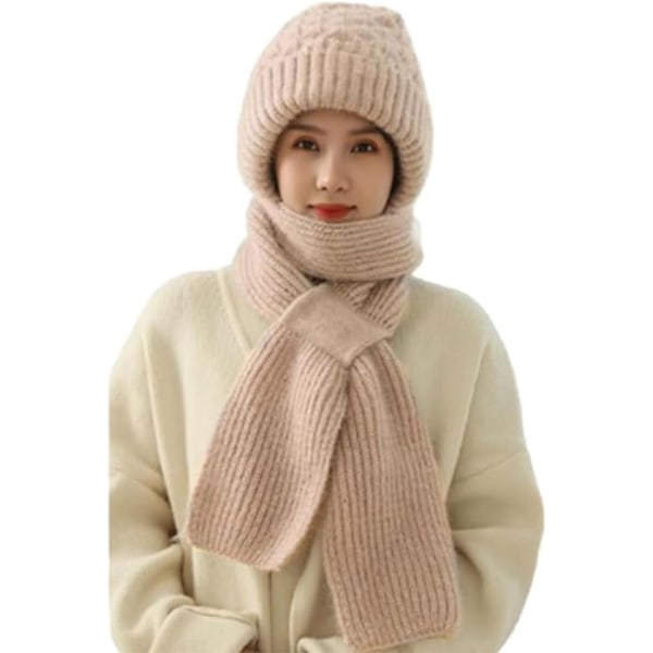 Integrated Ear Protection Windproof Cap Scarf,2 in 1 Winter Warm Knitted Hat Scarf,Hooded Scarf for Women Winter Khaki