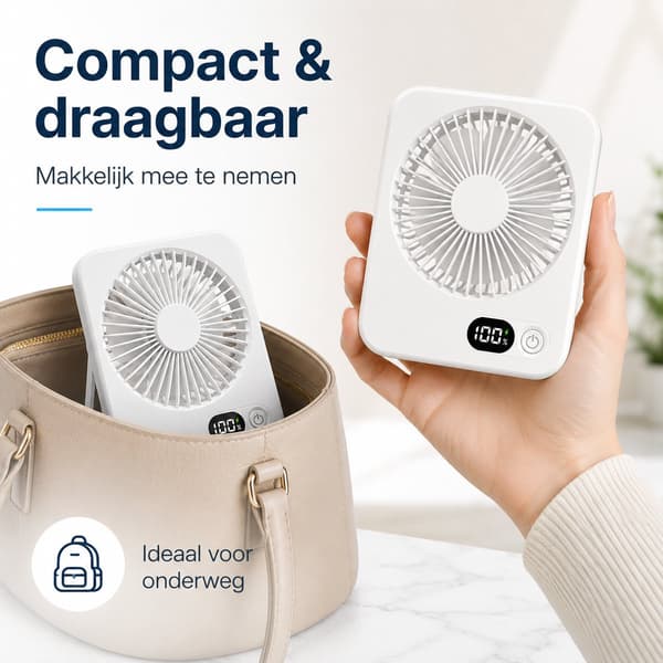 USB-C foldbar bordventilator, LED-skærm, 180° justerbar, 2000mAh kapacitet, hvid.