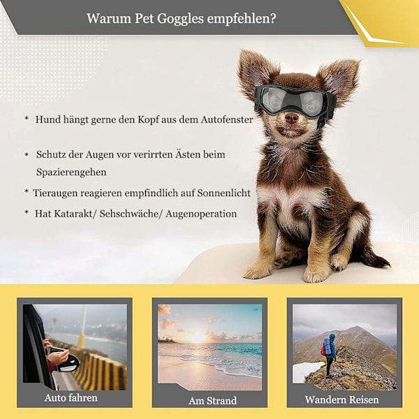 Hunde Briller for Små Hunder UV Beskyttelse Hund Solbriller med Justerbar Elastisk Bånd Vindtett Hund Motorsykkel Briller Svart