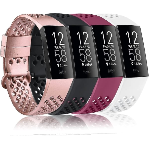 4-pakks sportsbånd kompatibel med Fitbit Charge 4-bånd og Fitbit Charge 3-bånd - Silikon erstatningsarmbånd for kvinner og menn (Small, Rose Gold/Bl(