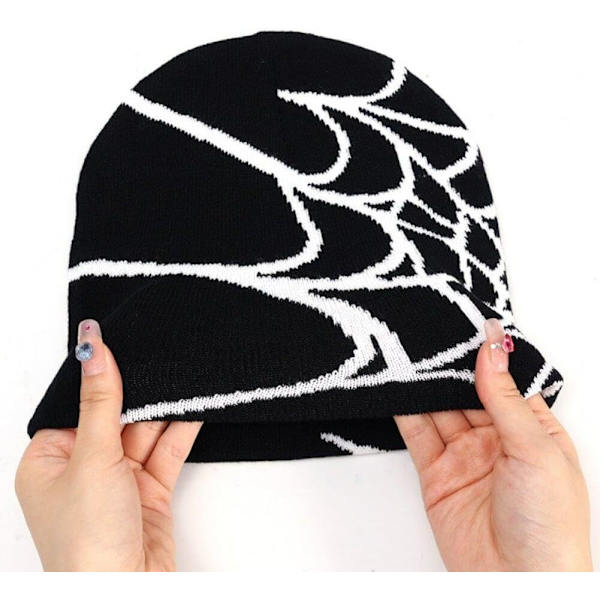Spiderweb Cap Beanie Uldblendt Hætte Y2k Street Cap Vintervarm Hætte Mode Hip Hop Skull Cap Til Mænd Kvinder Sort Black