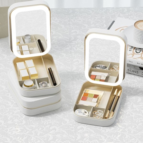 Lysende spejl makeuptaske, kosmetisk opbevaringspose med LED-spejl | Bærbar makeuptaske - 3 farver med lysende makeuptaske, rejsetaske white