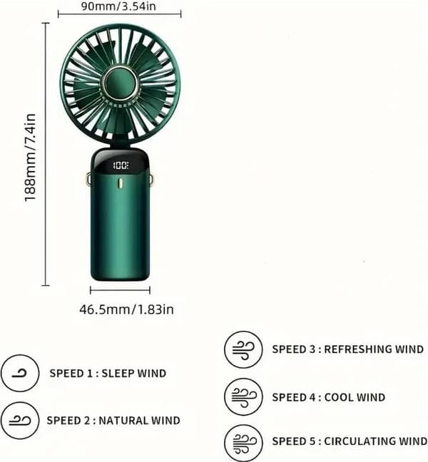 ING Håndholdt Vifte - Hvit - Mini Vifte - 3600 mAh - Digitalt Bilde - 5 Moduser