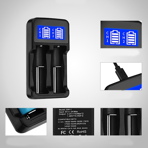 Älykäs USB-akkulaituri LCD-näytöllä Li-ion 18650 18500 18490 18350 17670 14500/Ni MH/Ni Cd latausratkaisu