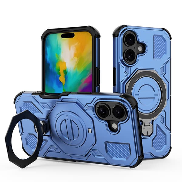 iPhone 16 telefoncover med 360° stativ, blå