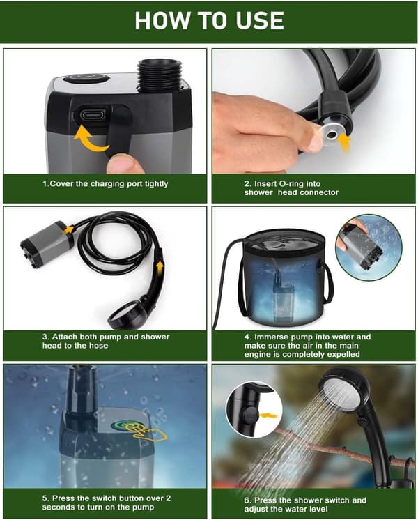 Utomhus campingduschpump, 6000mAh, IPX7 vattentät, med temperaturdisplay, grå.