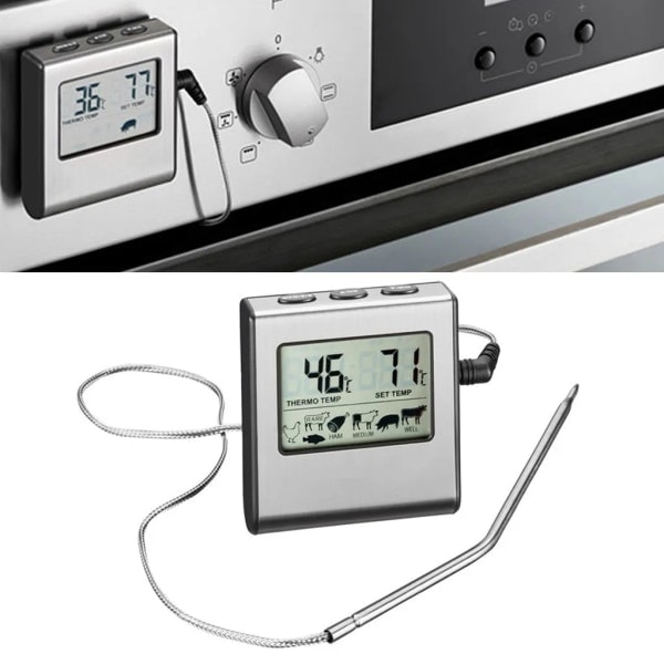 Digitalt kjøkkentermometer med sonde - Stor LCD-skjerm med timer - Forhåndsinnstilte temperaturinnstillinger for baking, grilling, kjøtt