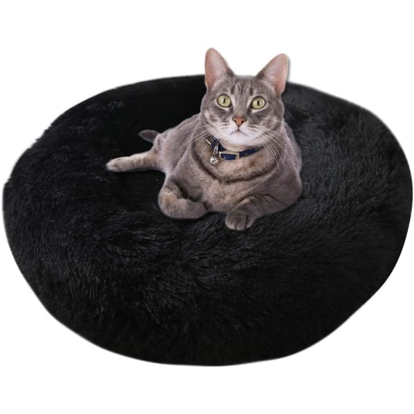 Rund plysj kattkurv for katter og små hunder Katteseng pute Donut Hundeseng passer Nest sofa XH062 (diameter: 60, svart)