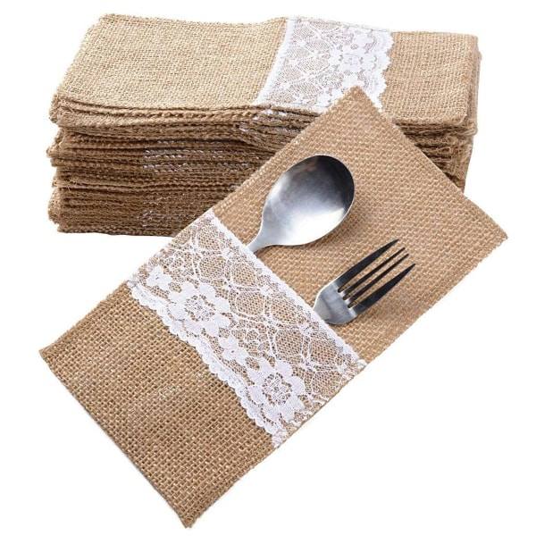 40 stk. Jute Bestikpose Bestikpose Bestikholder Burlap Blonder Vintage Bryllupsdekoration Borddekoration