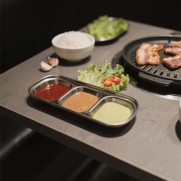 Dipsaucefad i rustfrit stål (3 stk.), koreansk BBQ-krydderfad, sølv