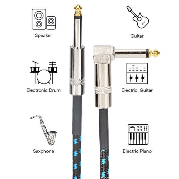 Flätad Gitarrkabel 3M Gitarrinstrumentkabel 6,35mm Rät Vinkel till Rak Svart Blå