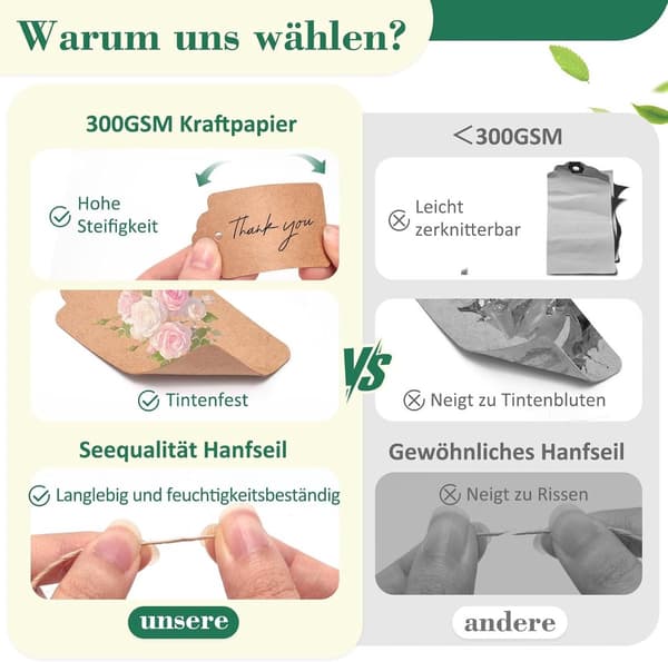 ING 100 presentetiketter, kraftpapper, rektangulära, med snöre, lämpliga för bröllopspresenter