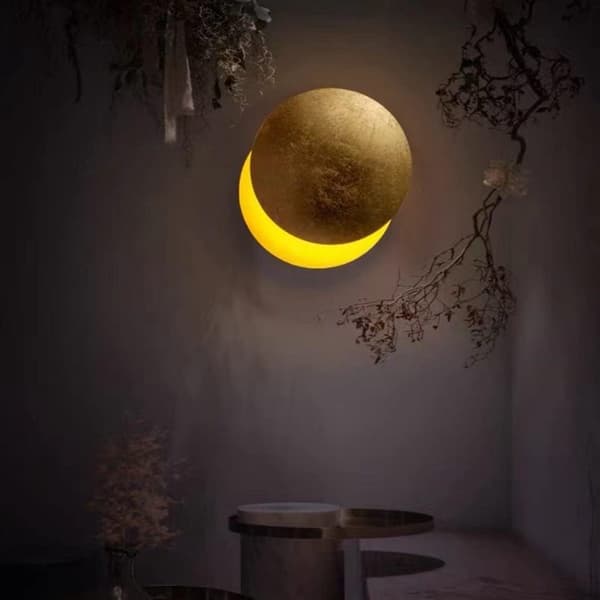 LED indendørs væglampe, 7W, eclipse-tema design, 20 cm diameter, til stue, soveværelse og trappe, guldfarve.
