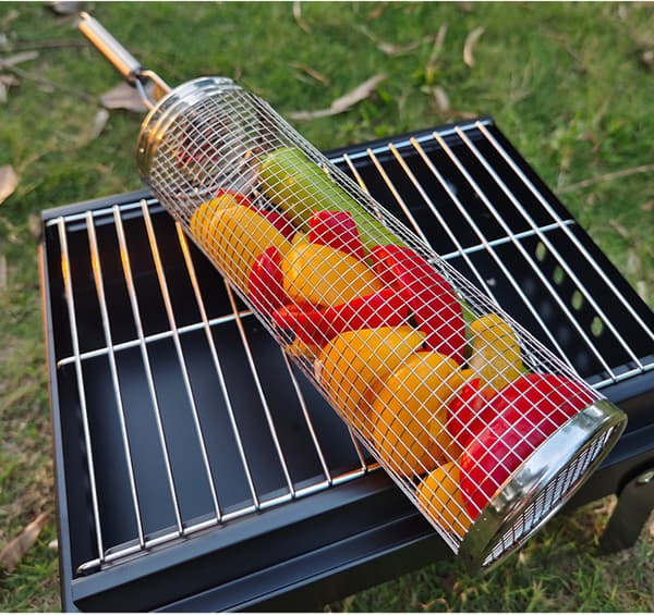 Trommelgrill, klikkhåndtak, stor kapasitet for utendørs camping, sølv
