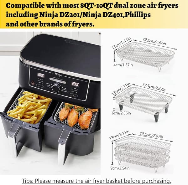 Airfryer-rist - trelags dehydreringsrist - rektangulær grillrist i rustfrit stål