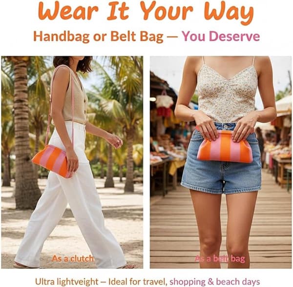 Vevd dameclutch, 30×10×19 cm, dumplingstripemønster, rosa-oransje.