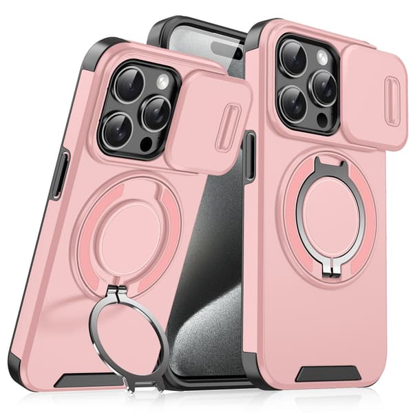 iPhone 16 Plus mobilskal med telefonstativ och linsskydd, rosa