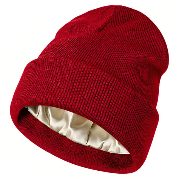 Stickad Vintermössa - Satinfoder - Varm, Bekväm och Lös Passform - Unisex (Burgundy)