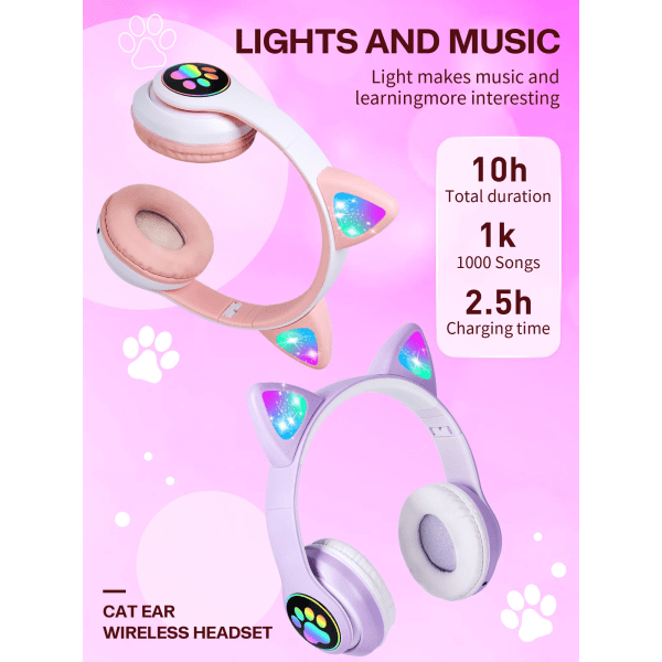 Flash Light Cute Cat Ears Langattomat Kuulokkeet Mikrofonilla, LED-Valoilla (Violetti)