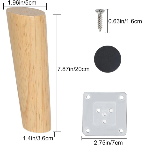 4 stk Møbelben 20cm Træ Sofa Ben med Monteringsplade Skruer og Antislip Matte Skrå Træ Møbelben til Seng Skab Borde og Stole