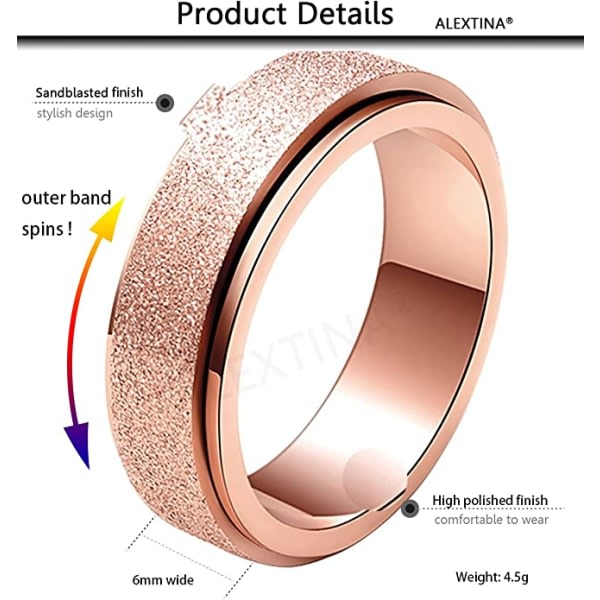 6MM Motefarget Stål Spinner Ring Sandblåst Finish Stilig Søt Angstring for Kvinner Tenåringsjenter Menn Gull Bryllupsring Stressavlastning US11