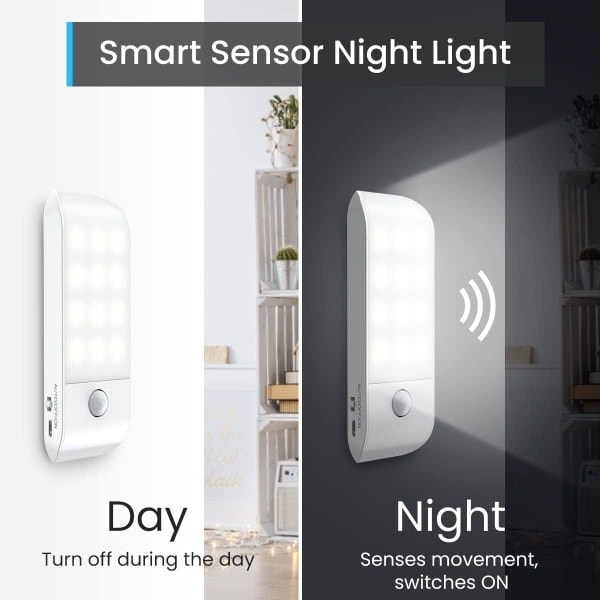 LED-nattlampa, Laddningsbar Nattlampa med Rörelsesensor och Självhäftande Magnetisk Remsa [2-pack]. 3 lägen (Auto/På/Av) nattlampa