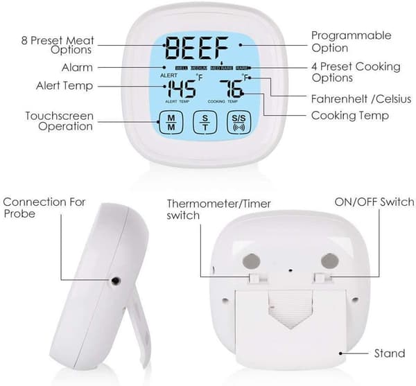 Digital kötttermometer LCD-pekskärm grilltimer matlagningstermometer sond biff BBQ temperaturmätare köksredskap