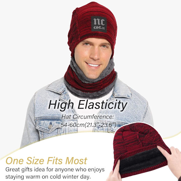 Huer & Halsvarmer Sæt til Mænd & Kvinder Vinter Beanie Hat Tyk Fleeceforet Skuldehat Halsvarmer til Mænd Kvinder Wine Red