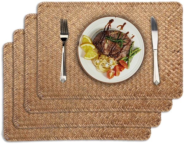 4-delat set med rektangulära rottingstabletter, bordsdekoration, 45×30cm, gul