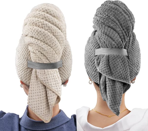 Dame hurtigtørrende hårturban, todelt sæt, meget absorberende, velegnet til langt krøllet hår, khaki og grå.