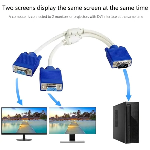 VGA-splitterkabel Dobbel VGA-skjerm Y-kabel 1 hann til 2 hunn adapterkonverterer