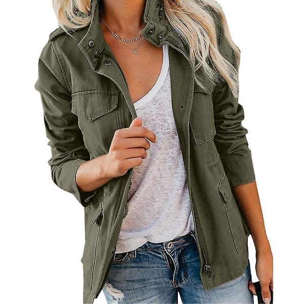 Women's Snap Button Military Jacket Streetwear Fall Coat Long Sl Army Green M