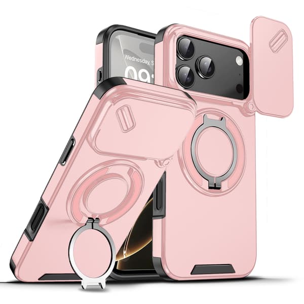 iPhone 17 Pro mobilskal med telefonstativ och linsskydd, rosa
