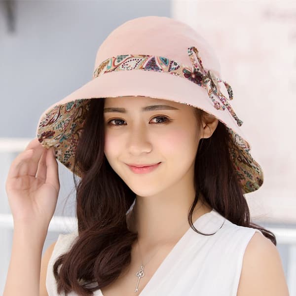 Reversibel solhatt for kvinner med bred brem - Sammenleggbar solhatt - Rosa