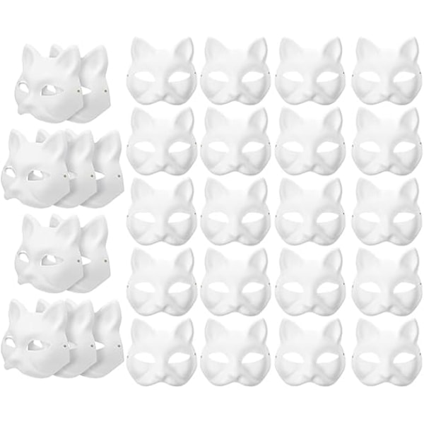 30pcs White Cat Masks White Fox Masks Animal Half Face Masked Mask Paper Unpainted Blank DIY Halloween Mask For Masquerade Cosplay Party [L] 30pcs