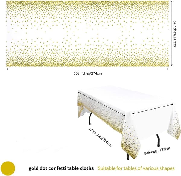 Tredelad vit och guld festduk engångs för rektangulära bord guld prickar konfetti för födelsedagsfester babyshower 137cm 274cm