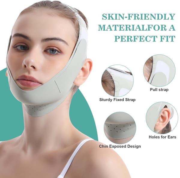 V-format andningsbart ansiktslyftande bandage (blått) för att strama upp och forma hakan.